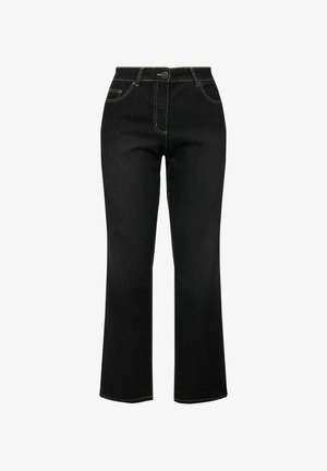 Zwarte denim flare jeans met zichtbare stiksels, voorzien van twee voorzakken en een ritssluiting met een enkele knoopsluiting.