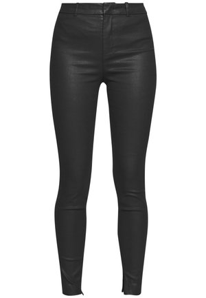 Sorte høj talje skinny bukser med bæltestropper og frontlukning, lavet af et glat, let skinnende materiale.