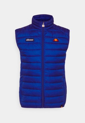 Chaleco acolchado azul sin mangas con cremallera frontal, cuello alto, parche del logo de ellesse en el pecho izquierdo y emblema semicircular en el pecho derecho.