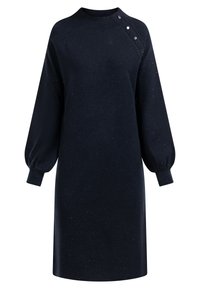 Marineblaues Strickkleid mit langen Ballonärmeln, geripptem Kragen und einem diagonalen Knopfdetail an der Schulter. Weicher, strukturierter Stoff.