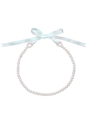 White pearl necklace with a satin light blue ribbon for tying, featuring a symmetrical arrangement of round pearls.