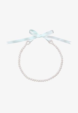 White pearl necklace with a satin light blue ribbon for tying, featuring a symmetrical arrangement of round pearls.
