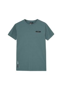 Kortärmad t-shirt i teal, tillverkad av mjukt tyg med en slät yta, med en horisontell söm och en liten logotyp på framsidan.