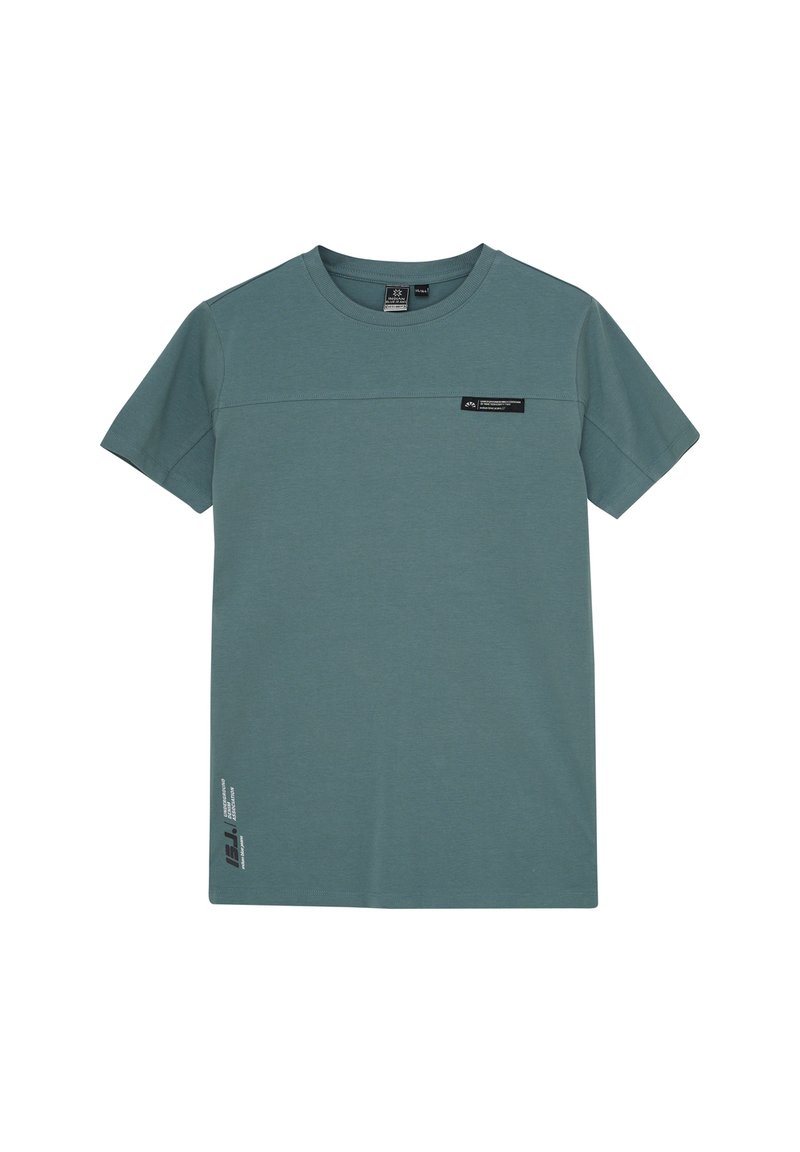 Kortärmad t-shirt i teal, tillverkad av mjukt tyg med en slät yta, med en horisontell söm och en liten logotyp på framsidan.