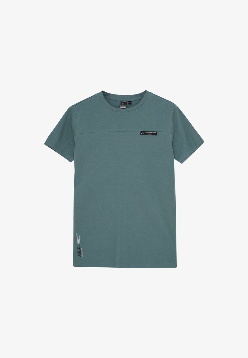 Kortärmad t-shirt i teal, tillverkad av mjukt tyg med en slät yta, med en horisontell söm och en liten logotyp på framsidan.