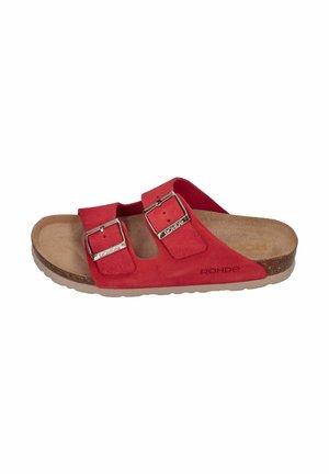 Red slide sandal with two adjustable buckled straps, cork footbed, and rubber sole, branded Rohde on side and footbed.