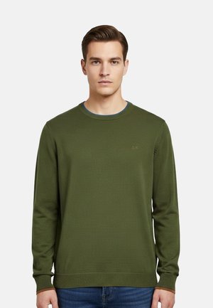 Uomo con maglione a maniche lunghe verde oliva con un piccolo logo "AX" sul petto e jeans blu, in piedi davanti a uno sfondo bianco.