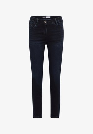 Dunkelblaue Denim-Jeans mit schmaler Passform, ausgestattet mit Fronttaschen, einem Knopfverschluss und einer dezenten Waschung. Gerade geschnittene Beine.