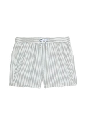 Gestreifte Schwimmshorts mit einem elastischen Bund und weißen Kordeln, mit vertikalen hellgrauen und cremefarbenen Streifen sowie seitlichen Taschen.
