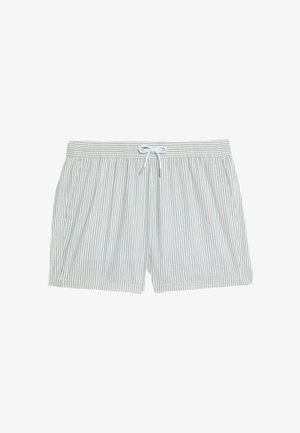 Pasiaste kąpielówki z elastycznym pasem i białym sznurkiem, z pionowymi jasnoszarymi i kremowymi paskami oraz bocznymi kieszeniami.