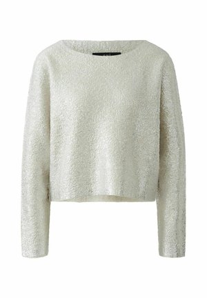 Silberner, strukturierter Pullover mit weitem Ausschnitt und langen Ärmeln. Kurz geschnittenes Design mit einer weichen, schimmernden Oberfläche. Keine sichtbaren Verschlüsse.