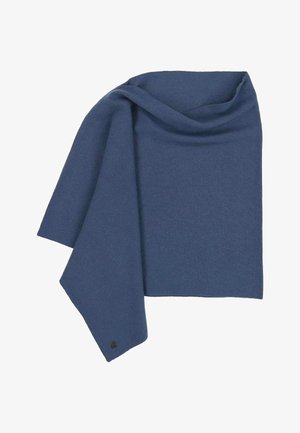 Soft, blue knitted scarf folded with a small black round tag on one corner, displayed on a white background.