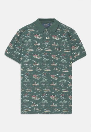 Short-sleeve polo in dark green cotton with a scenic print of houses, boats, and trees; features a three-button placket and a ribbed collar.