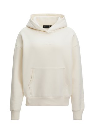 Krämfärgad hoodie i mjukt material, med en framficka i kangurostil, ribbade ärmslut och en minimalistisk logotyp på bröstet.