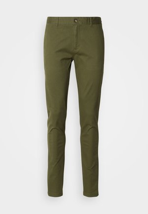 Olive green chinos made of cotton blend fabric, featuring a straight fit, zipper fly, and front pockets. Smooth texture with minimal detailing.
