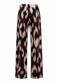 Brede broek in een levendige luipaardprint in donkerbruin, crème en marineblauw. Zacht materiaal met een gladde textuur en een elastische tailleband.