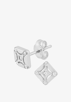 Hõbedast naelaga kõrvarõngad ruudukujulise disainiga, keskel teemantilaadne aktsent ja ümbritsevad kivid, läikiva viimistlusega.