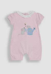 Pink polka dot romper with short sleeves, scalloped white collar, and embroidered mice with a watering can. Lightweight cotton fabric.