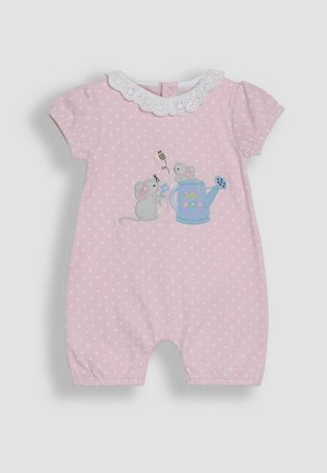 Lyserød heldragt med polka prikker og korte ærmer, bølget hvid krave samt broderede mus med en vandkande. Letvægts bomuldsstof.