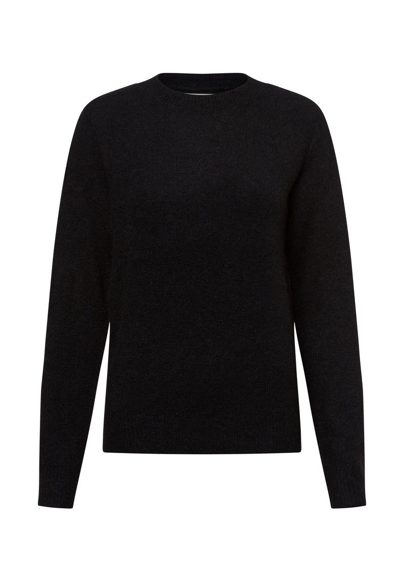 Schwarzer Pullover mit Rundhalsausschnitt und langen Ärmeln. Hergestellt aus strukturiertem Strickstoff, zeichnet sich durch ein einfaches, ungeschmücktes Design ohne Muster oder Akzente aus.