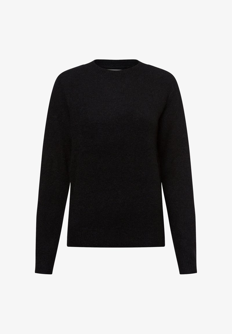 Black, crew-neck sweater with long sleeves. Made of textured knit fabric, featuring a simple, unembellished design without patterns or accents.