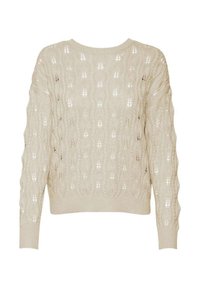 Maglione lavorato a maglia color crema con vestibilità ampia, caratterizzato da un motivo a corda testurizzato, collo a giro e maniche lunghe con polsini a costine.