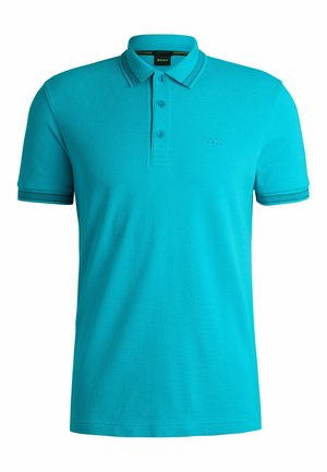 Polo shirt turchese realizzata in tessuto testurizzato, con colletto, patta con tre bottoni e accenti a righe a contrasto sulle maniche.