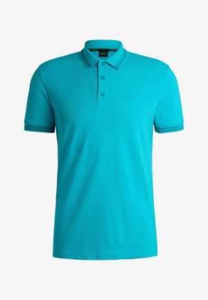 Polo shirt turchese realizzata in tessuto testurizzato, con colletto, patta con tre bottoni e accenti a righe a contrasto sulle maniche.