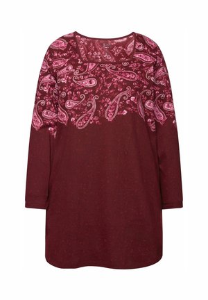 Vínová dlouhá rukávová blůza s paisley vzorem v růžové barvě. Kulatý výstřih s rovním lemem a strukturovanou tkaninou.