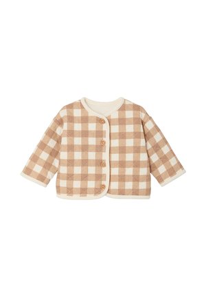 Beige and white checkered baby jacket with long sleeves and four front wooden buttons, rounded neckline, and cream trim.