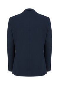 Granatowy żakiet o strukturalnym kroju, z wyłogami i dwoma widocznymi guzikami na rękawach. Teksturowana tkanina, widok z tyłu.