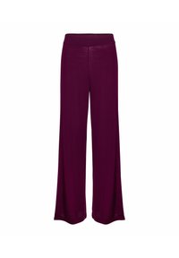 Pantaloni a gamba larga di colore viola, realizzati in tessuto morbido, con una vita elasticizzata e una superficie liscia senza pattern o accessori visibili.