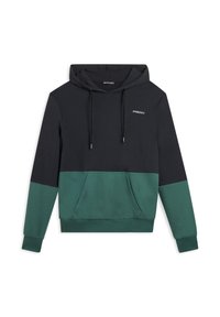 Felpa con cappuccio caratterizzata da una parte superiore blu navy e una parte inferiore verde, con una tasca frontale. Il materiale sembra morbido con una finitura texturizzata.