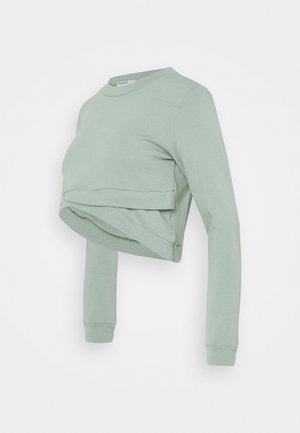 Sweatshirt verde claro cropped com mangas longas, decote redondo e design frontal em camadas. Tecido suave com costuras mínimas e linhas limpas.