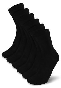 Schwarze Baumwoll-Crew-Socken mit einer glatten Textur, nahtlosem Design und mittlerer Schafthöhe. Sechs Paare nebeneinander angeordnet.