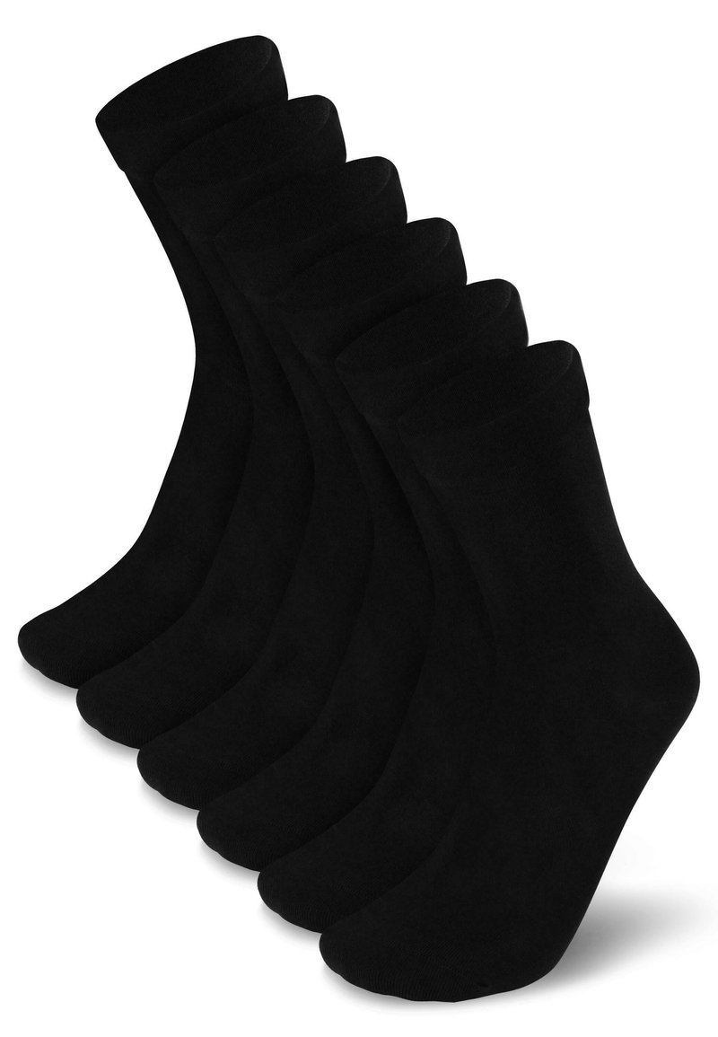 Schwarze Baumwoll-Crew-Socken mit einer glatten Textur, nahtlosem Design und mittlerer Schafthöhe. Sechs Paare nebeneinander angeordnet.