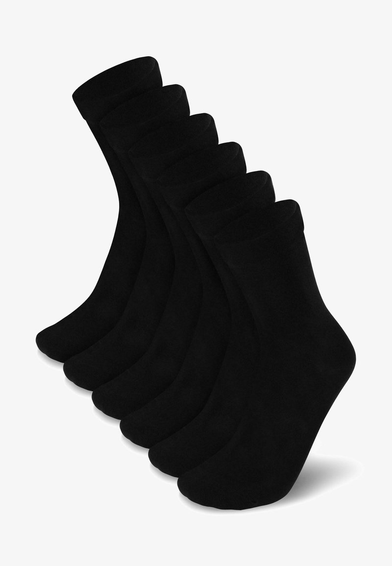 Schwarze Baumwoll-Crew-Socken mit einer glatten Textur, nahtlosem Design und mittlerer Schafthöhe. Sechs Paare nebeneinander angeordnet.
