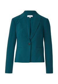 Teal blazer with a fitted design, notch lapels, single button closure, and two front pockets. Made from smooth, lightweight fabric.