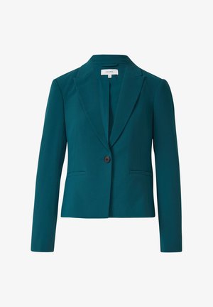 Türkisfarbener Blazer mit taillierter Passform, Reverskragen, einreihiger Knopfverschluss und zwei Vorderaschen. Hergestellt aus glattem, leichtem Stoff.