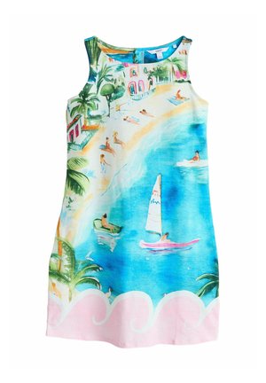 Ärmelloses Kleid mit einem lebhaften Strandszene-Motiv, das Boote, Palmen und Wellen in Blau-, Pink- und Grüntönen zeigt. Baumwollstoff.