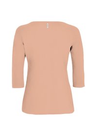 Jasnopomarańczowy, okrągły dekolt top z rękawami do łokcia, wykonany z miękkiej bawełnianej tkaniny. Z tyłu małą metkę z logo.