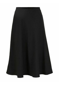 Jupe noire, longueur genoux, fabriquée dans un tissu doux et extensible, avec une large taille élastique et une silhouette évasée.