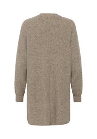 Long cardigan beige en tricot avec des poignets côtelés et un ourlet droit, présenté de dos sur un fond blanc.