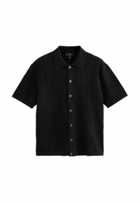 Black short-sleeve shirt with a textured pattern, button-up front, and a pointed collar. Features contrasting buttons and a straight hem.