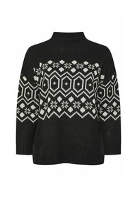Suéter negro de punto con cuello alto, que presenta un patrón geométrico y floral en blanco a lo largo del pecho y las mangas. Textura suave.