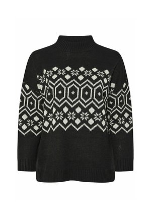 Czarny sweter z dzianiny z wysokim kołnierzem, z białym geometrycznym i kwiatowym wzorem na klatce piersiowej i rękawach. Miękka tekstura.