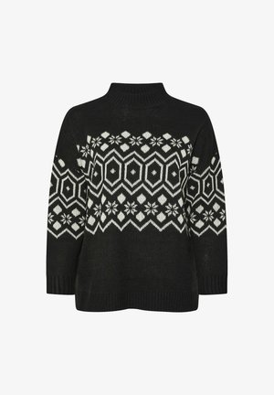 Czarny sweter z dzianiny z wysokim kołnierzem, z białym geometrycznym i kwiatowym wzorem na klatce piersiowej i rękawach. Miękka tekstura.