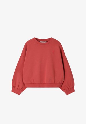Sweatshirt manches longues couleur rouille avec col rond, poignets élastiques et petit détail brodé de homard sur la partie supérieure gauche.