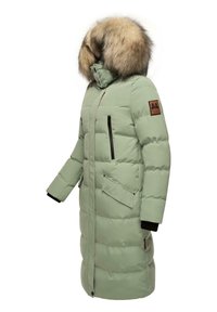 Padded green parka with a fur-trimmed hood, black zippers, two zippered pockets, and a patch logo on the left sleeve.