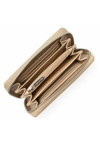 Portafoglio beige con zip realizzato in materiale texturizzato, dotato di numerosi slot per carte e compartimenti separati per l'organizzazione. Accento in hardware argentato.